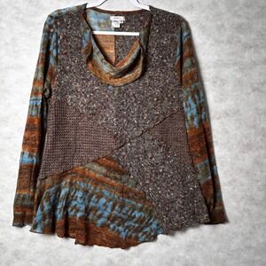 FERATELLI Textured Patchwork Y2K Knit Tunic Brown Blue Orange Artsy BoHo W Large
